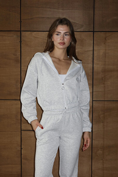 Zerenyus 3 Thread Ş مبطن بالصوف توب قصير بسحاب وقلنسوة رمادي