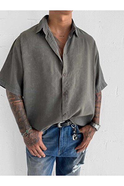 ablukaonline Men's Oversized Washed Short Sleeve Shirt Khaki Green