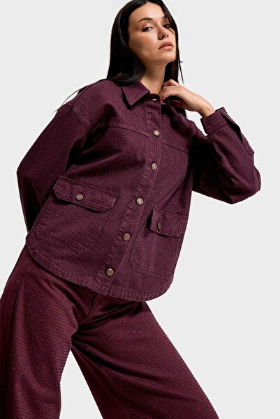 it's basic Women's Burgundy Color T-6W5-122 Oversized Shiny Stone Special Design Denim Jacket