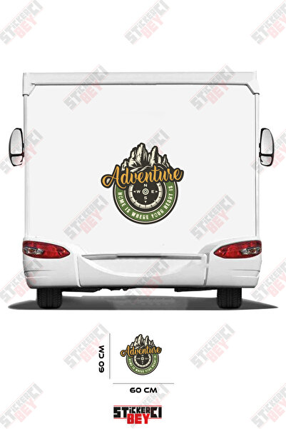STİCKERCI BEY ملصق كارافان مطبوع عليه عبارة 'مغامرة' وصورة جبل وبوصلة