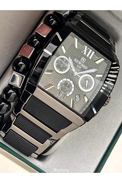Reward Men's Watch, Steel-Silicone Band, Functions Active, Black Color, with Calendar, in Stylish Box, Bracelet Gift