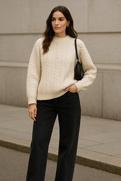 Rich Women's Ecru Knitted Patterned Long Sleeve Soft Textured Crew Neck Knitwear Sweater