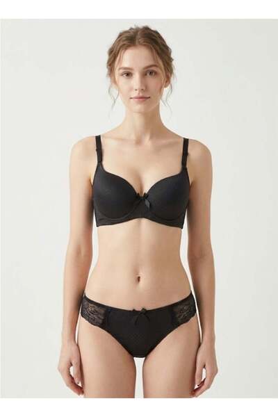 Comfort طقم حمالة صدر وسروال داخلي مبطن من الدانتيل للنساء - كوب ناعم، سلكي - أسود