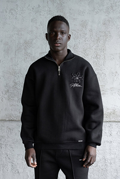 Machinist Hanorac pentru bărbați cu gât înalt cu broderie florală tricou negru