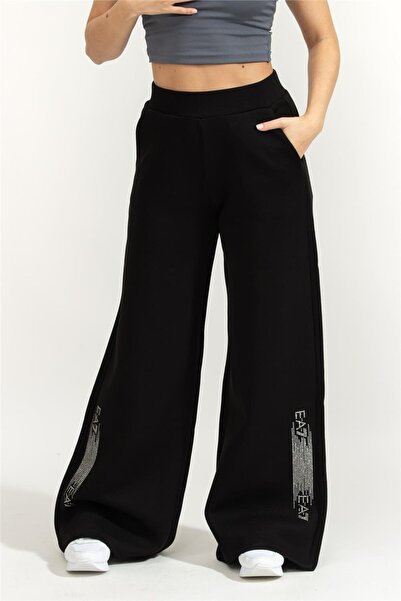 EA7 Kadın Yüksek Bel Geniş Paça Rahat Kesim Cep Detay Siyah Eşofman Altı 7W00...