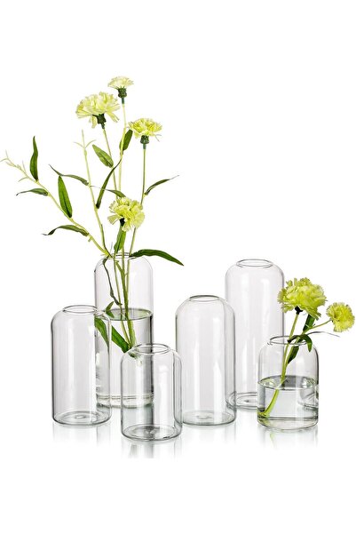 NUPTIO Glass Bud Vase Set, Clear Cylindrical Small Flower Vases, Set of 6 (17...