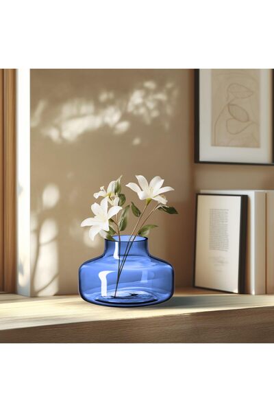 Torre & Tagus Solid Color Round Art Glass Vase for Flowers - 4" Tall, Clear Blue