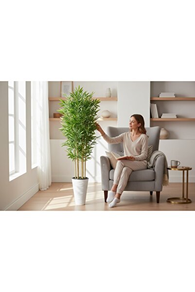 ERHAN FLOWERS Yapay bambu ağaç 150 cm 6 dallı yogun yaprak kumsal beyaz saksı