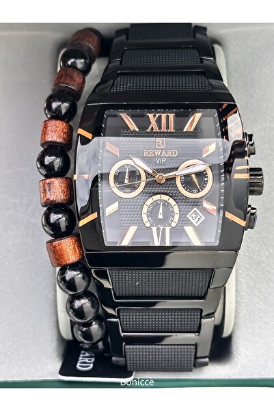Reward Men's Watch, Steel-Silicone Band, Functions Active, Black Color, with Calendar, in Stylish Box, Bracelet Gift