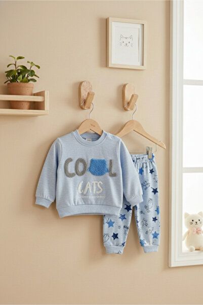 Bebişto Unisex Baby Cool Cats Written Blue Plush Cotton 2-Piece Set