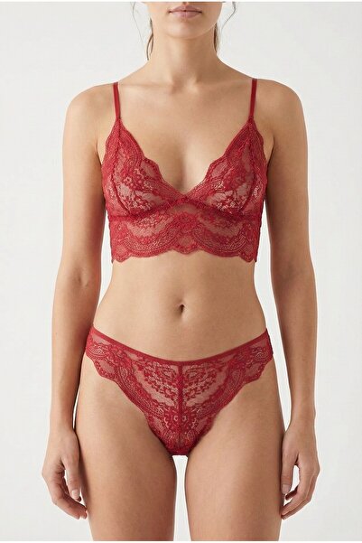 Laperissa Burgundy Lace Detailed String Strap Capless Bralet Underwear Set
