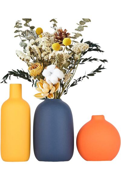 EXRP Ceramic Vase Set of 3 - Minimalist Multi-Color (Yellow, Orange, Blue) for Home Decor