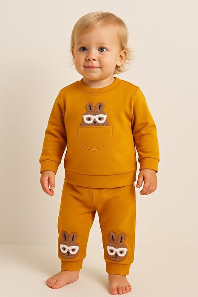 dinamik çocuk Girl baby cute rabbit embroidered long sleeve 2-piece bottom top baby set with glasses %100 cotton 6-9-12-18 months