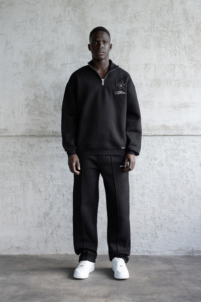 Machinist Hanorac pentru bărbați cu gât înalt cu broderie florală tricou negru