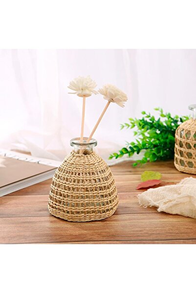 KASTWAVE Straw Woven Rattan Glass Vase, Boho 5.3 x 3.5 in