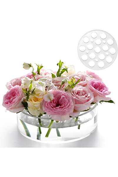 TERRIFI Clear Circular Leak-Proof Acrylic Low Round Vase (16+5 Holes)