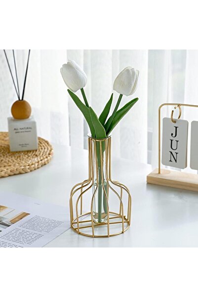 HALAMODO Flower Vase with Iron Art Frame, Metal Geometric Clear Glass (Gold, 1PC)