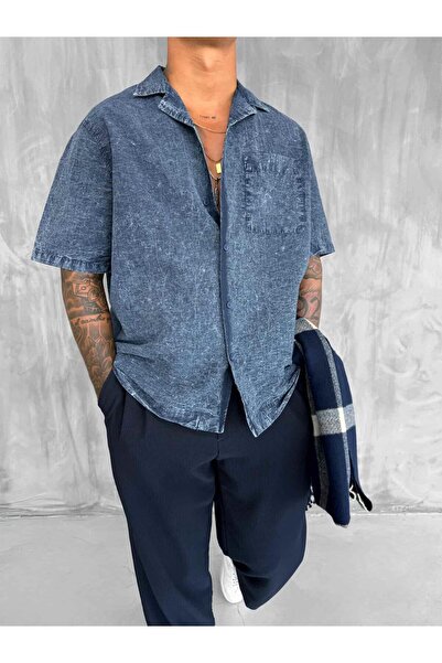 ablukaonline Men's Washable Cuban Collar Oversized Short Sleeve Shirt Navy Blue