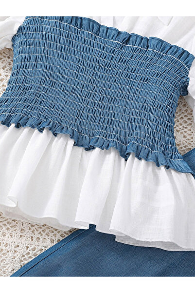 Take Two By Styli Girls Smocking Detail Ruffle Hem Top with Pants Set