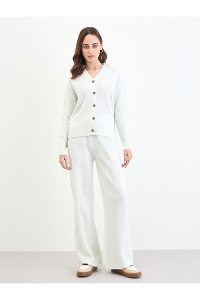 Styli Off White Lurex Knit Cardigan and Pants Co-Ords