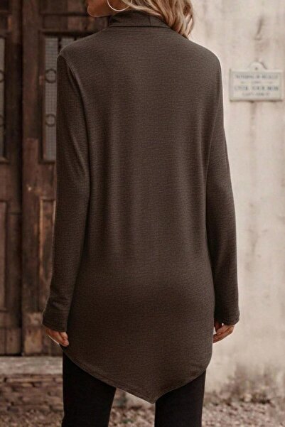 Mossta Turtleneck Long Sleeve Asymmetrical Cut Loose Wool Viscose Blouse - Brown