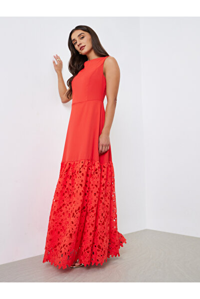 Styli Red Lace Hem Sleeveless A-Line Maxi Dress
