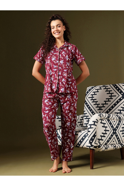 Clovia By Styli Floral Print Button-Down Shirt and Pyjama Set
