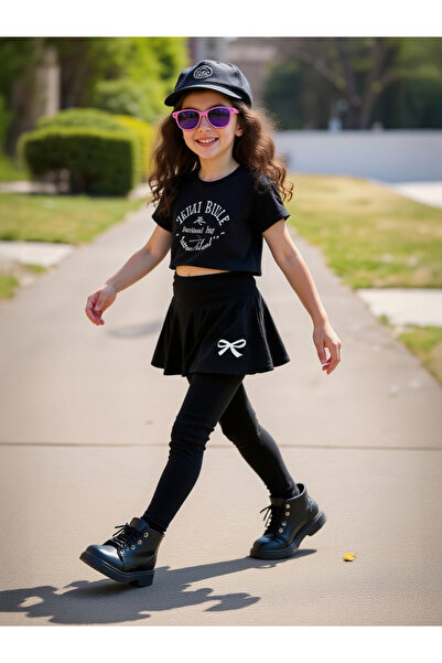 Take Two By Styli Solid Bow Printed Skirt with Leggings Set