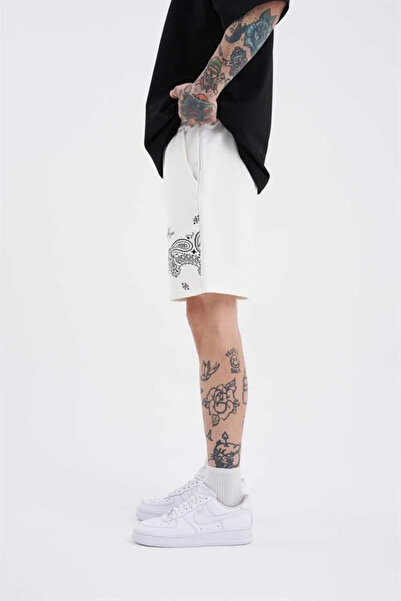 Machinist Ethnic Born Again Pocketed Elastic Waist Mini Shorts Ecru