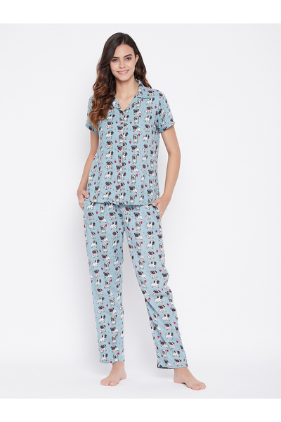 Clovia By Styli Printed Button Down Sleep Shirt and Pyjama Set