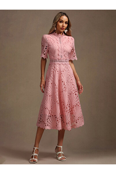 Take Two By Styli Women Pink All-Lace Midi Dress