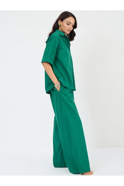 Femmella By Styli Women Green Cotton Shirt and Trousers Co-ords