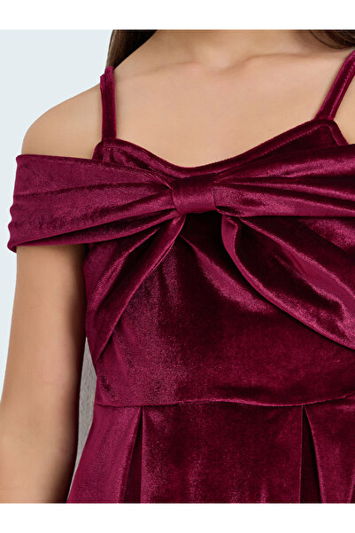Styli Girls Burgundy Velvet Cold Shoulder Dress