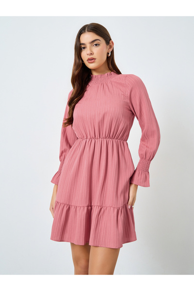 Take Two By Styli Solid Textured Smocking Cuff Fitted Waist Mini Dress