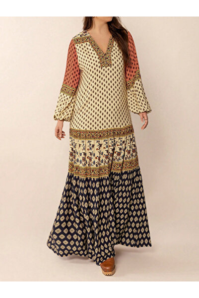 Take Two By Styli Women Bohemian Print Color Block Maxi Dress