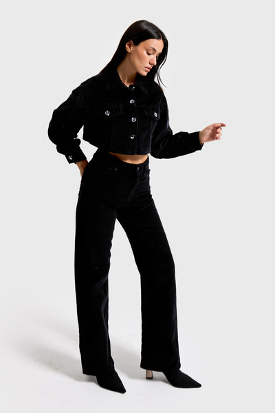 it's basic Women's Black Color 26W5-1 Crop Fit Buttoned Thick Corded Fabric Velvet Fabric Jacket