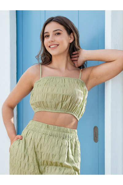 Freehand By Styli Green Textured Crop Top and Wide Leg Pants Co-ords