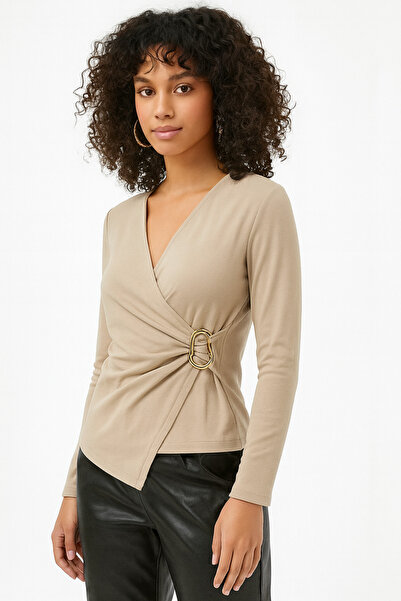 MELA ROSSA Γυναικεία μπλούζα από ύφασμα με μακρυμάνικο λεπτομέρεια με σούρες μανίκια με πόρπη σε χρώμα πέτρας