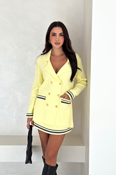 Noi Belis Double Breasted Collar Pocket Cardigan Mini Length Skirt Knitwear Bottom Top Set Aw25Au0003