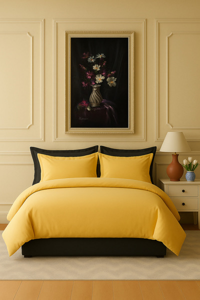 İQON Flat Sheet Bedding Set 100% Cotton Double Size Yellow-Black