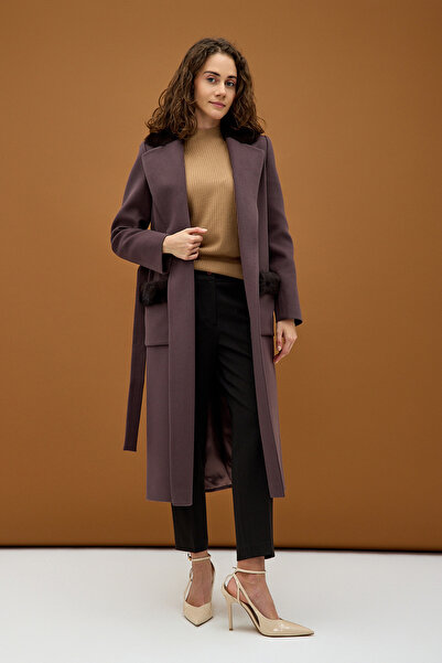 KENT Vizon Kürk Yakalı Kürk Cepli Yırtmaç Detaylı Uzun Kaban