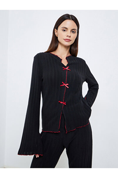 Styli Rib Bow Trim Detail Top and Pyjama Set