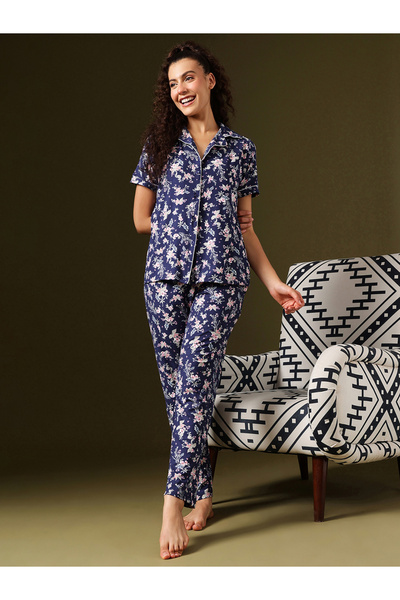 Clovia By Styli Floral Print Button-Down Shirt and Pyjama Set