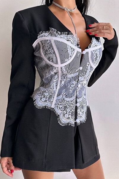 Love Fab Shoulder Pad Piece Lace Design Button Detail Special Design Jacket Shorts Set