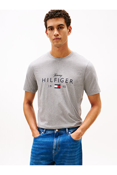 Tommy Hilfiger Men Grey Logo Graphic Jersey Crew Neck T-Shirt