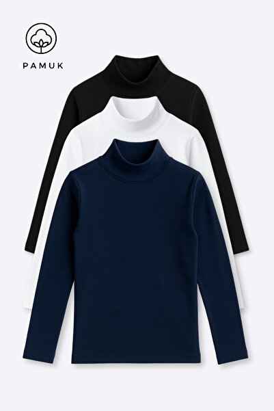 HK HOPKİDS Erkek Kız Çocuk 3'Lü Set Yarım Boğazlı Mevsimlik Badi Tshirt