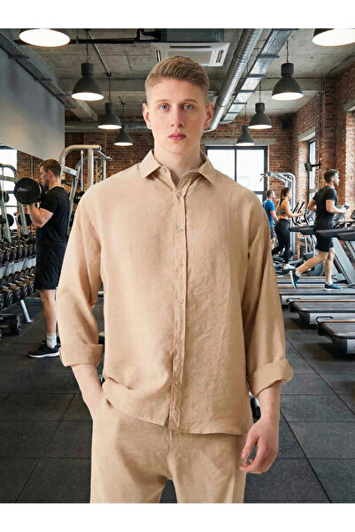 STYLENEST Men's Oversized Linen Look Satin Textured Light Beige Shirt – Comfo...