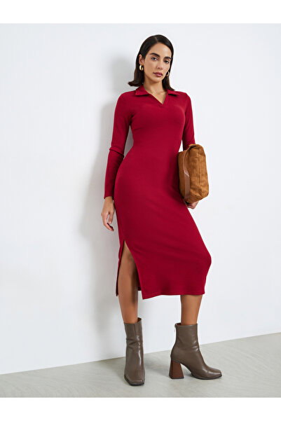 Styli Red Ribbed Midi Dress with Open Collar