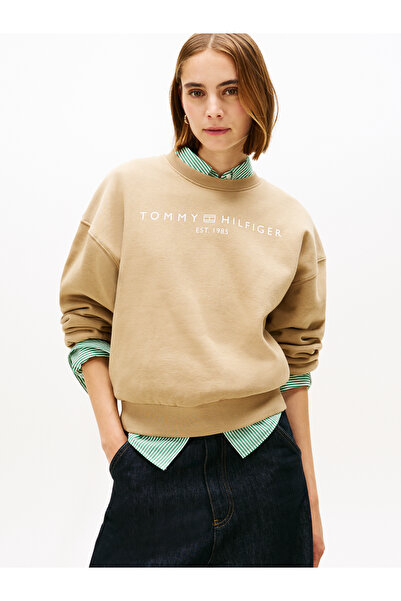 Tommy Hilfiger Women Beige Flex Fleece Relaxed Crew Neck Sweatshirt