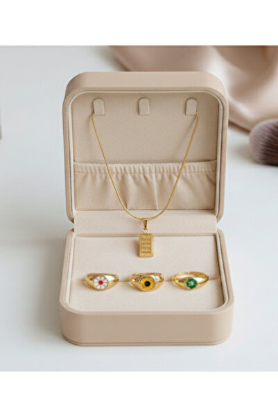Ervalina Külçe Altın Kolye ve 3'lü Çiçek Yüzük Set Özel Gün Sevgililer Öğretm...